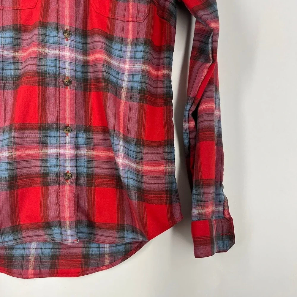 Eddie‎ Bauer Red Blue Plaid Flannel Button Down Shirt Womens Long Sleeve Pockets